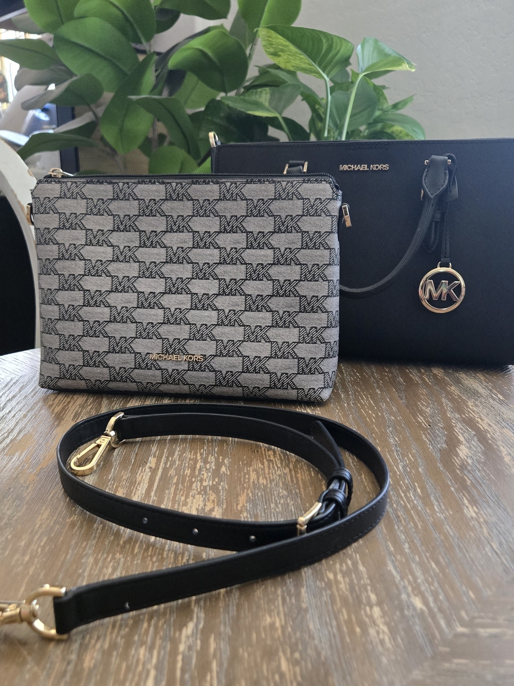 Michael Kors Black Tote Gray MK Monogram Pouch Insert Crossbody Strap Bag Set